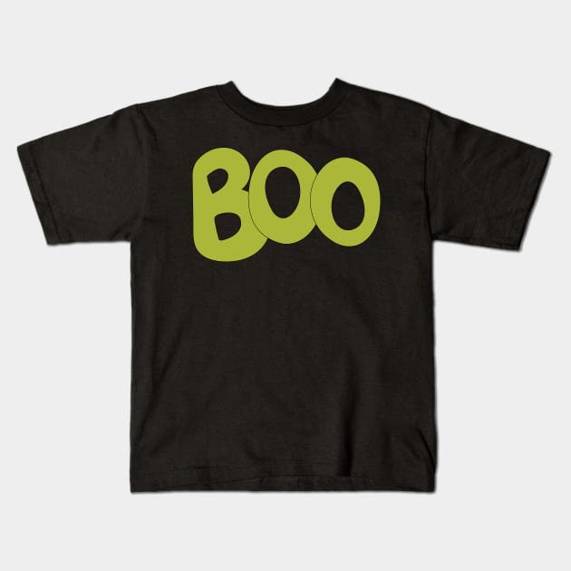 BOO text art in green bubble letters Kids T-Shirt by Angel Dawn Design